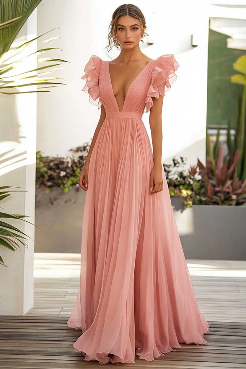 Load image into Gallery viewer, Pink A Line Ruffles V Neck Long Wedding Guest Dress
