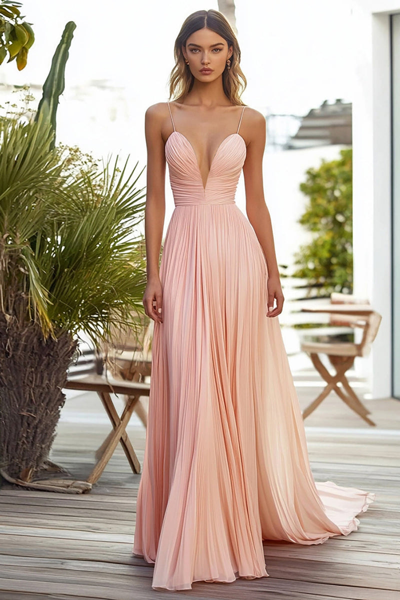 Load image into Gallery viewer, Pink A Line Pleated Long Wedding Guest Dress