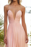 Pink A Line Pleated Long Wedding Guest Dress