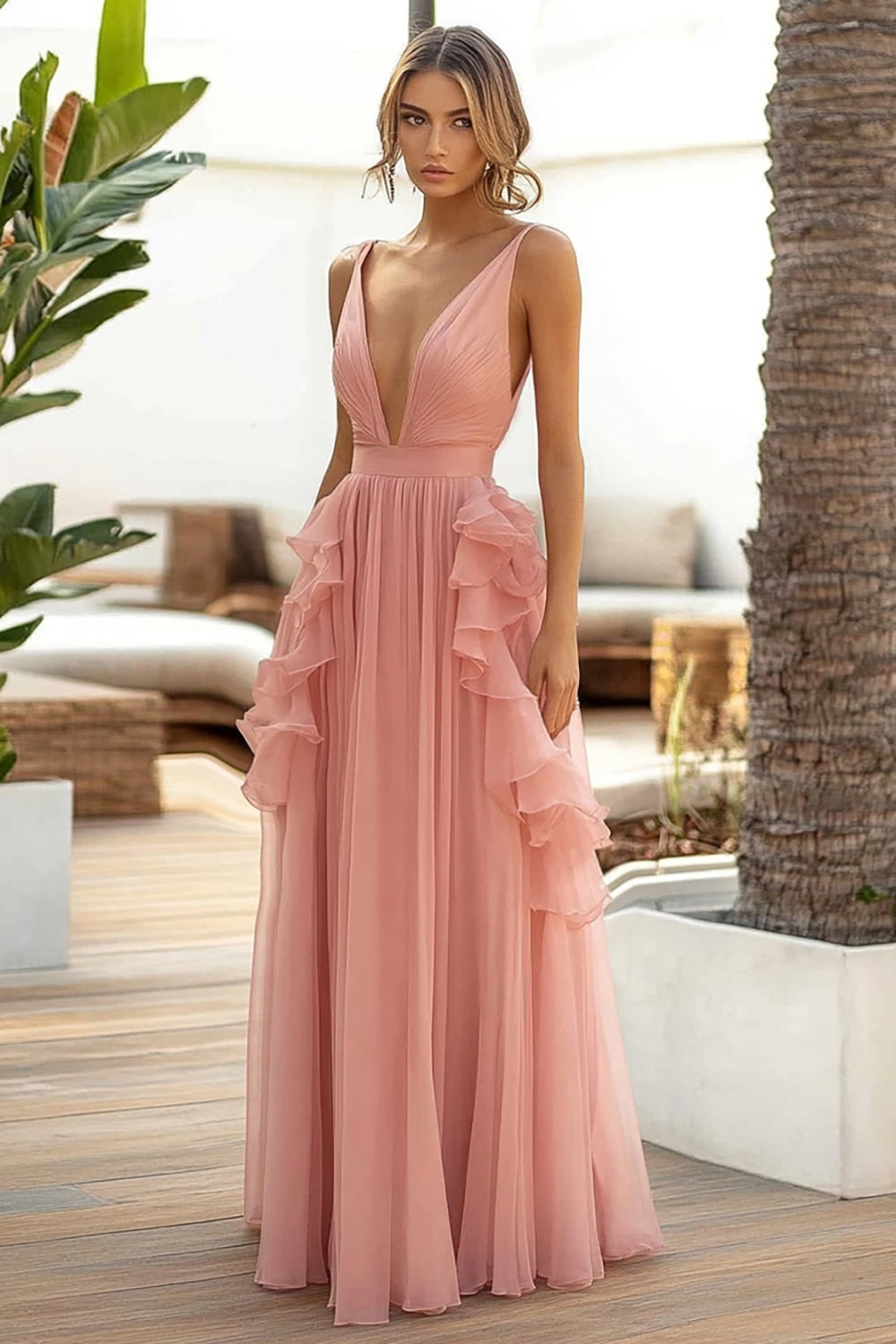 Pink Chiffon Ruffled A Line Wedding Guest Dress