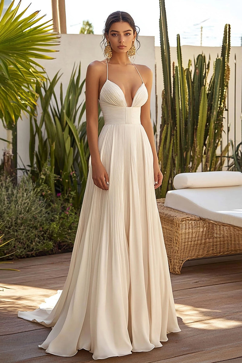 Load image into Gallery viewer, Champagne Pleated Spaghetti Straps Long Wedding Guest Dress