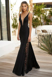 Black Mermaid V-Neck Satin Long Evening Dress with Lace