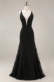 Black Mermaid V-Neck Satin Long Evening Dress with Lace