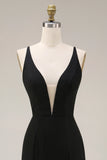 Black Mermaid V-Neck Satin Long Evening Dress with Lace