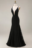 Black Mermaid V-Neck Satin Long Evening Dress with Lace