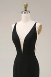 Black Mermaid V-Neck Satin Long Evening Dress with Lace
