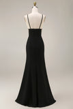 Black Mermaid V-Neck Satin Long Evening Dress with Lace