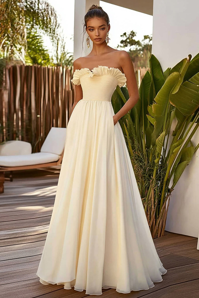 Load image into Gallery viewer, Strapless Ruffled A Line Daffodil Wedding Guest Dress