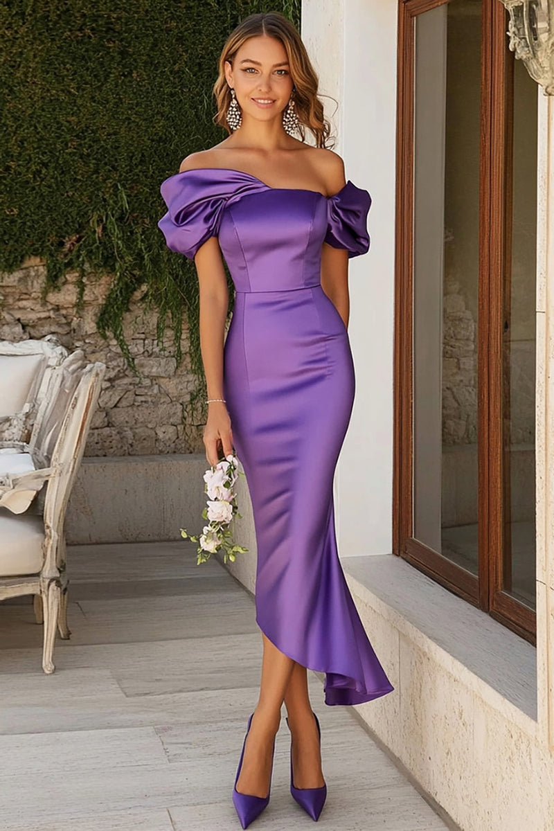 Load image into Gallery viewer, Off The Shoulder Plum Mermaid Satin Wedding Guest Dress