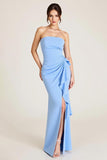 Sky Blue Mermaid Ruched Wedding Guest Dress With Slit
