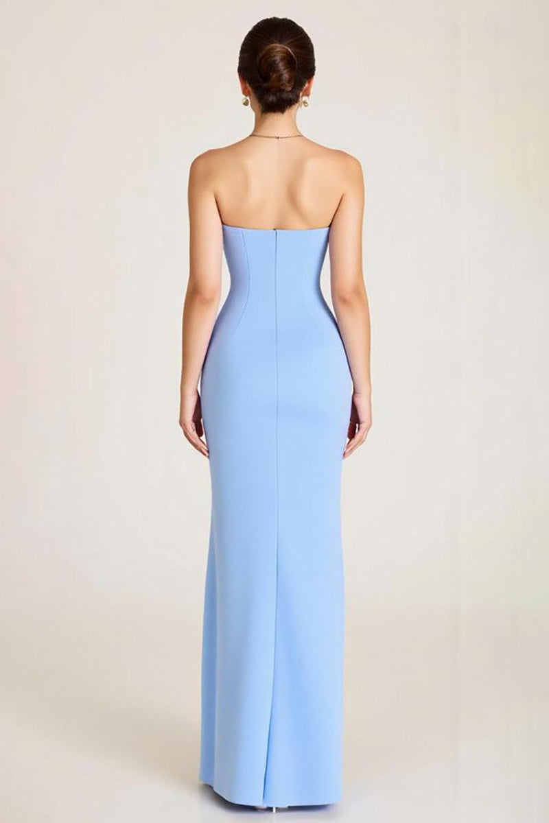 Load image into Gallery viewer, Sky Blue Mermaid Ruched Wedding Guest Dress With Slit