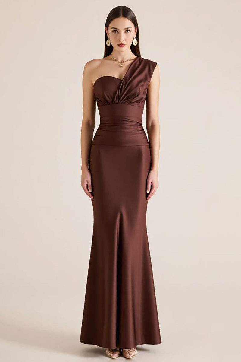 Load image into Gallery viewer, One Shoulder Dark Brown Mermaid Satin Wedding Guest Dress
