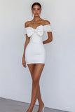 Off the Shoulder Bodycon White Graduation Dress with Bow
