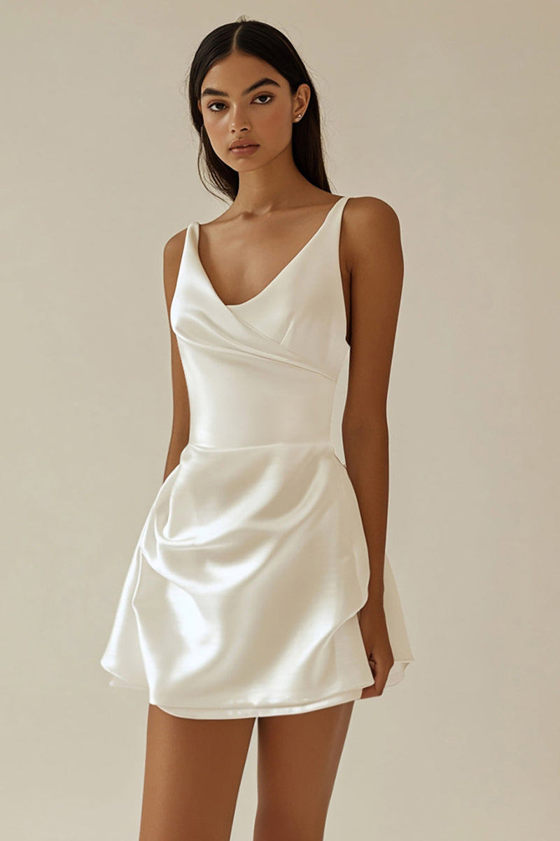 Load image into Gallery viewer, A Line Satin White V Neck Graduation Dress