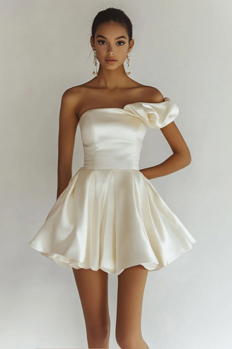 Load image into Gallery viewer, Chic White One Shoulder Ruffle Satin Graduation Dress