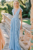 Load image into Gallery viewer, Sky Blue V-Neck Chiffon Long Bridesmaid Dress with Ruffles