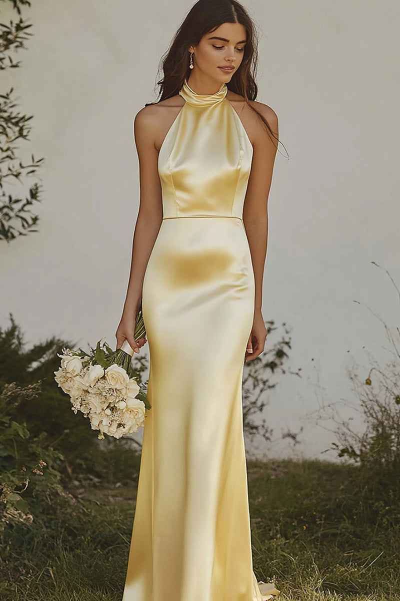 Load image into Gallery viewer, Light yellow Halter Mermaid Satin Bridesmaid Dress