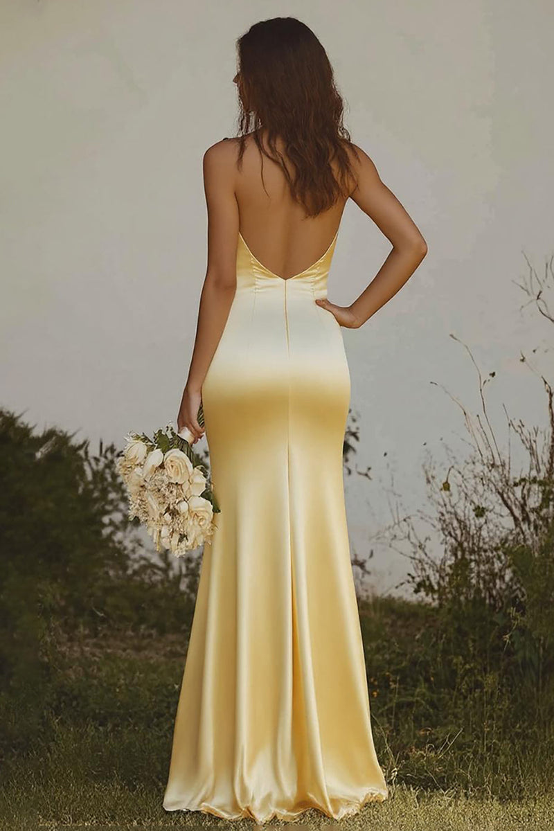 Load image into Gallery viewer, Light yellow Halter Mermaid Satin Bridesmaid Dress