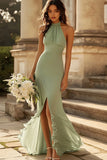 Halter Dusty Sage Mermaid Ruffles Chiffon Bridesmaid Dress