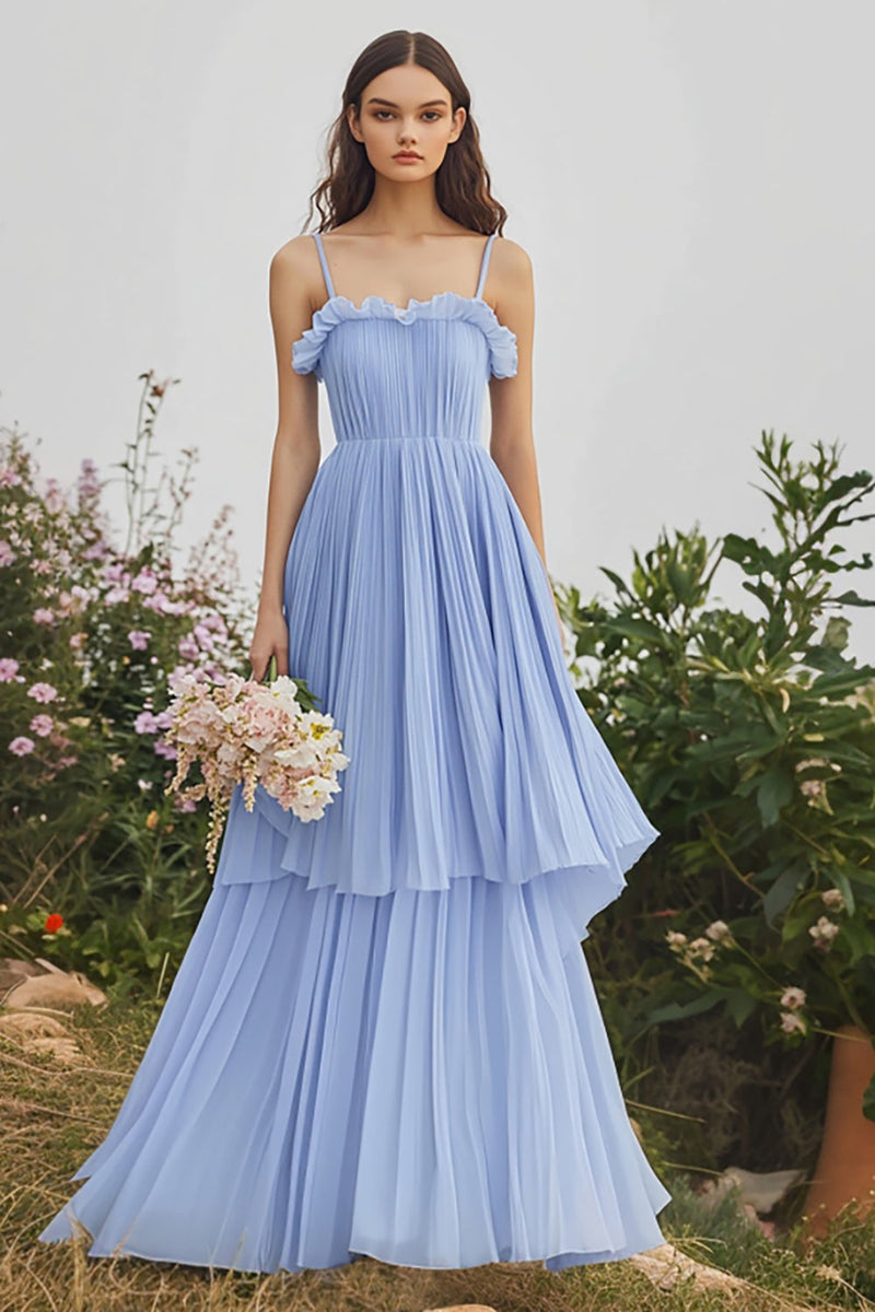 Load image into Gallery viewer, Light Blue Spaghetti Straps A Line Ruffles Chiffon Bridesmaid Dress