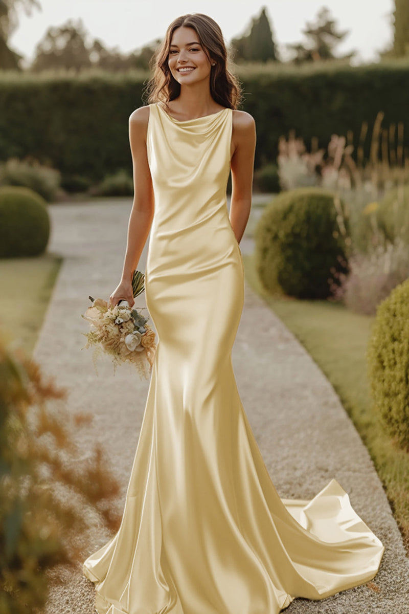 Load image into Gallery viewer, Daffodil Cowl Neck Satin Mermaid Bridesmaid Dress