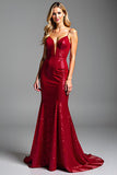 Sparkly Red Mermaid Spaghetti Straps Sequins Long Prom Dress