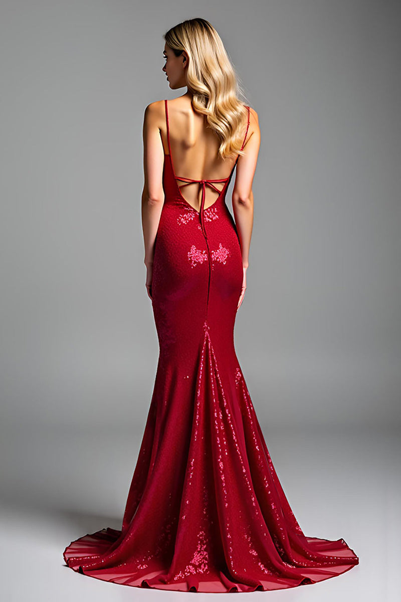 Load image into Gallery viewer, Sparkly Red Mermaid Spaghetti Straps Sequins Long Prom Dress
