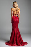 Sparkly Red Mermaid Spaghetti Straps Sequins Long Prom Dress
