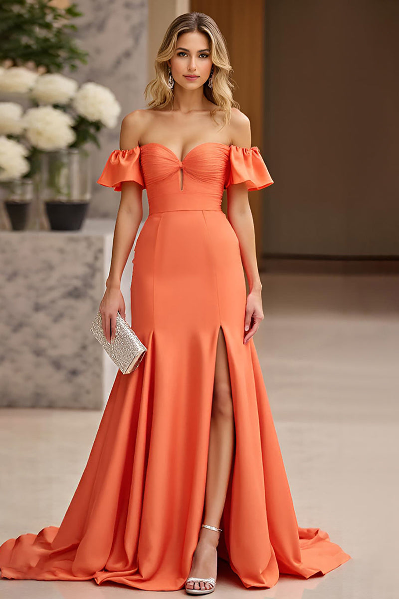 Load image into Gallery viewer, Off The Shoulder Orange Mermaid Ruffles Prom Dress