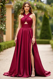 Burgundy Halter Cut Out A Line Satin Prom Dress