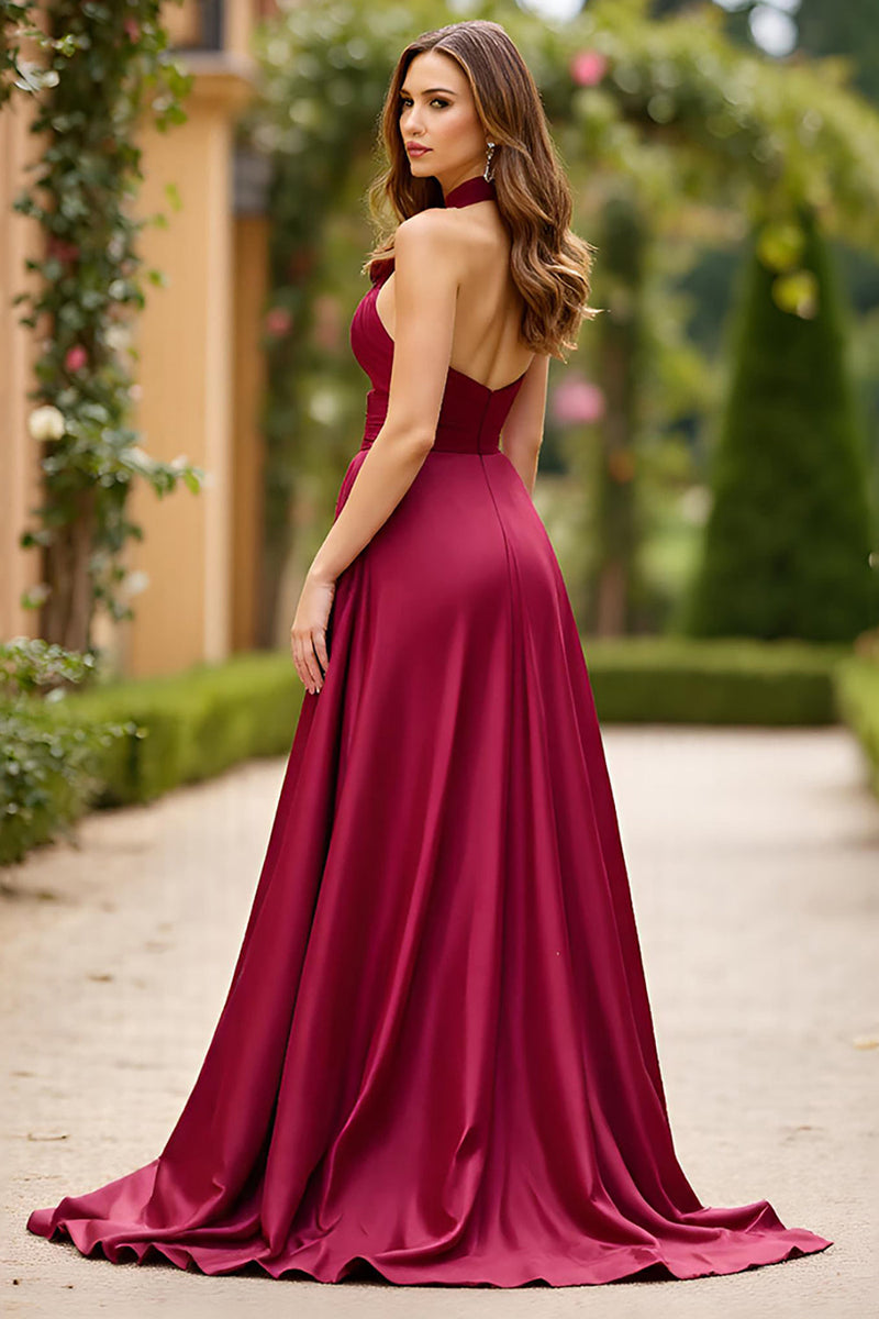 Load image into Gallery viewer, Burgundy Halter Cut Out A Line Satin Prom Dress