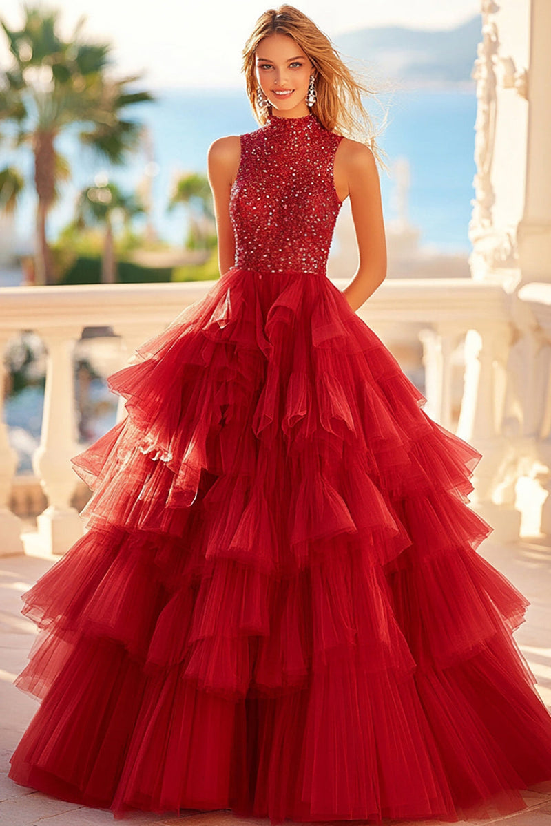 Load image into Gallery viewer, A Line Red Tulle Sequins Tiered Prom Dress
