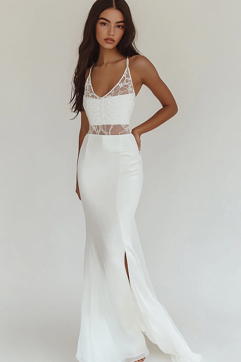 Load image into Gallery viewer, White Lace Mermaid Formal Dress with Slit