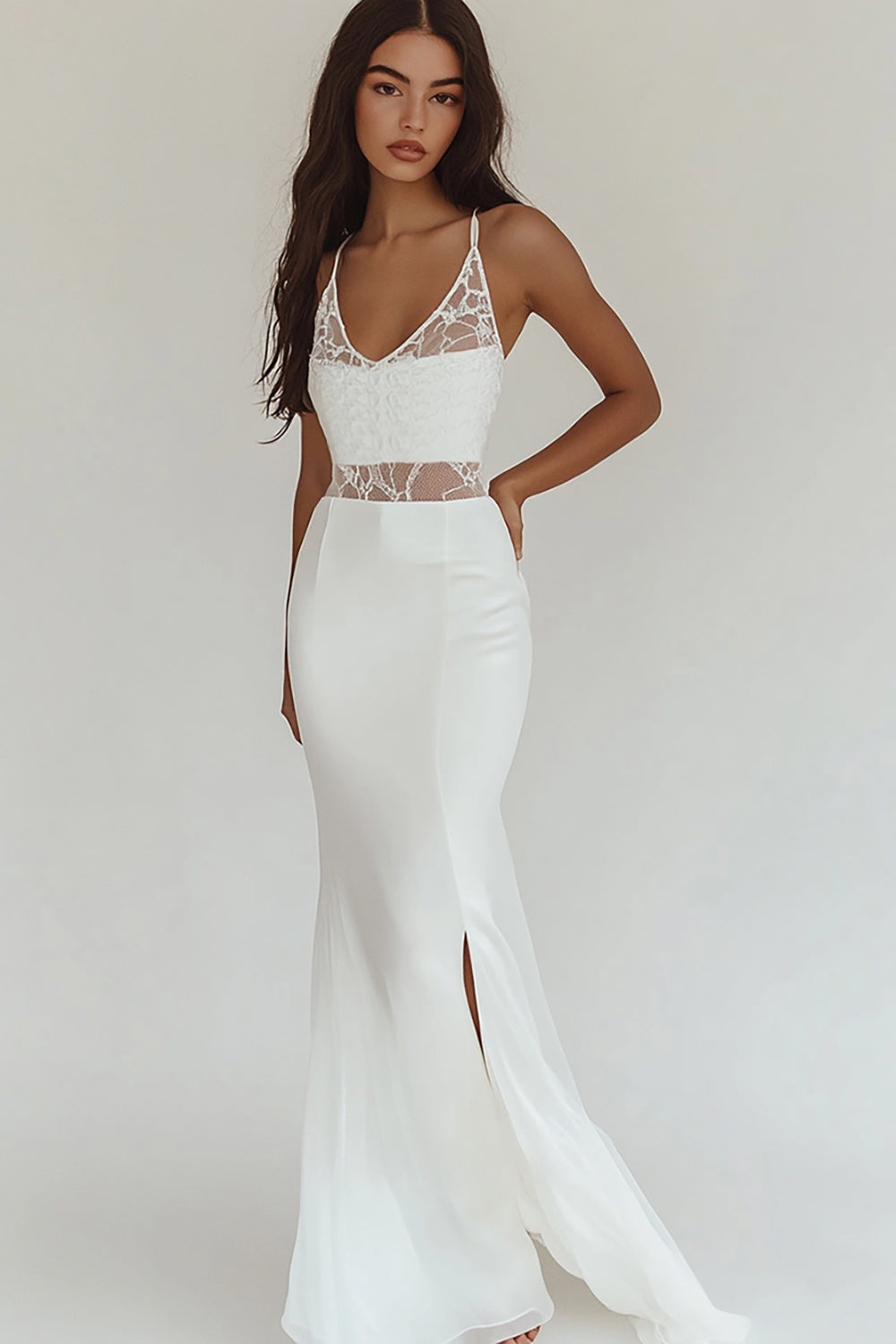 White Lace Mermaid Formal Dress with Slit