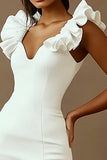 Ruffled V Neck Bodycon White Graduation Dress