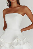 White Strapless A Line Tiered Matte Satin Graduation Dress