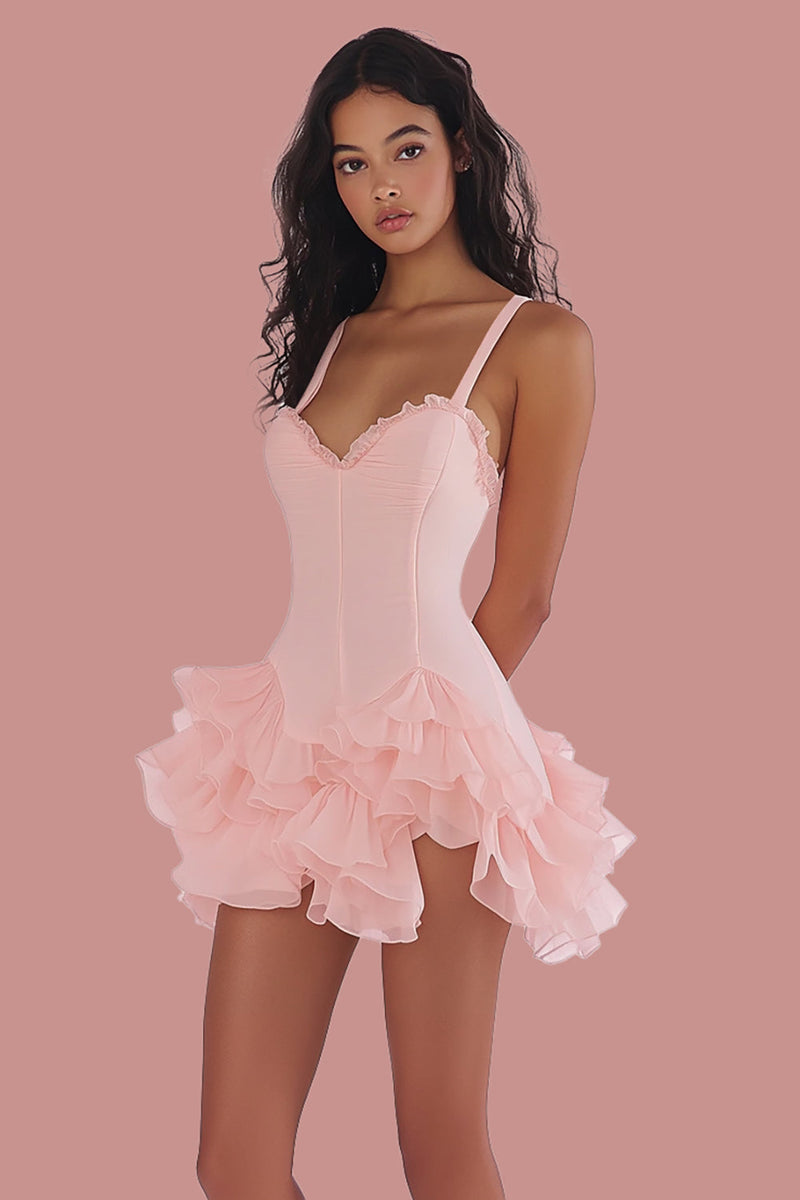 Load image into Gallery viewer, Pink Ruffled Spaghetti Straps A Line Graduation Dress