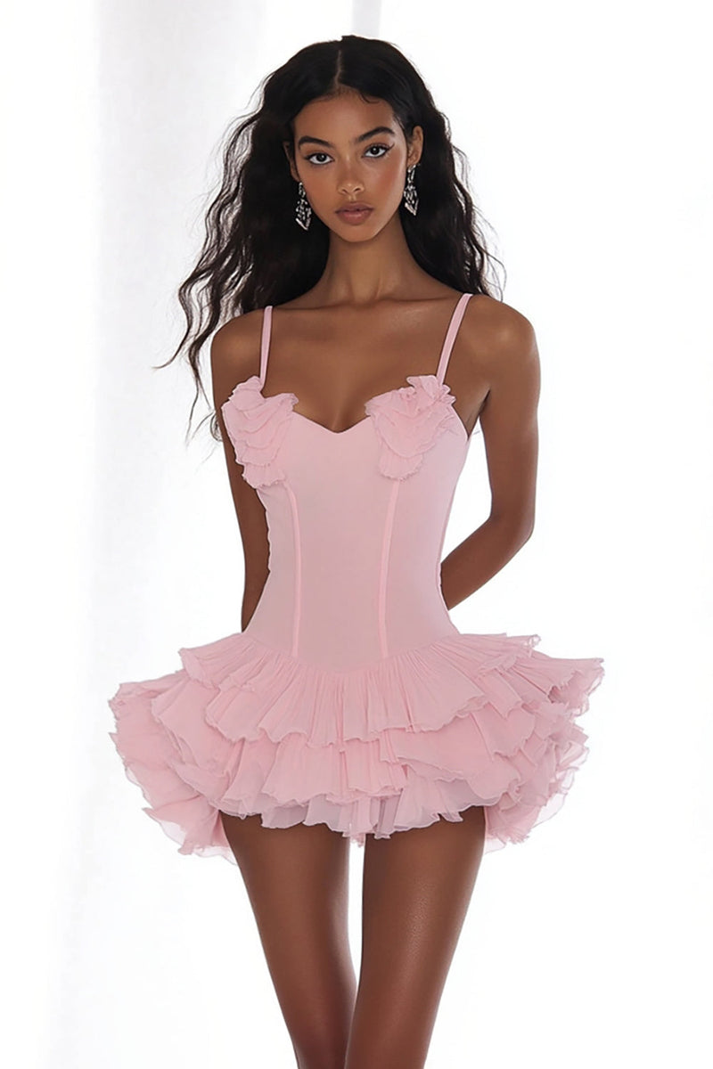 Load image into Gallery viewer, Pink A Line Spaghetti Straps Ruffles Chiffon Short Graduation Dress