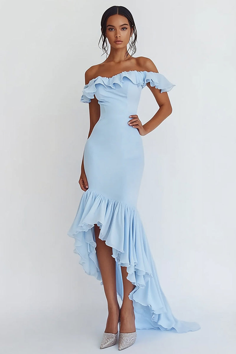 Load image into Gallery viewer, Mermaid Sky Blue Off The Shoulder Ruffles Long Formal Dress