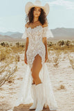 White Western Off the Shoulder Lace Boho Wedding Dress with High Slit