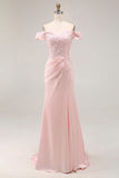 Pink Mermaid Off the Shoulder Long Prom Dress with Appliques