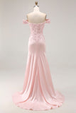 Pink Mermaid Off the Shoulder Long Prom Dress with Appliques