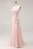 Pink Mermaid Off the Shoulder Long Prom Dress with Appliques