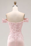 Pink Mermaid Off the Shoulder Long Prom Dress with Appliques