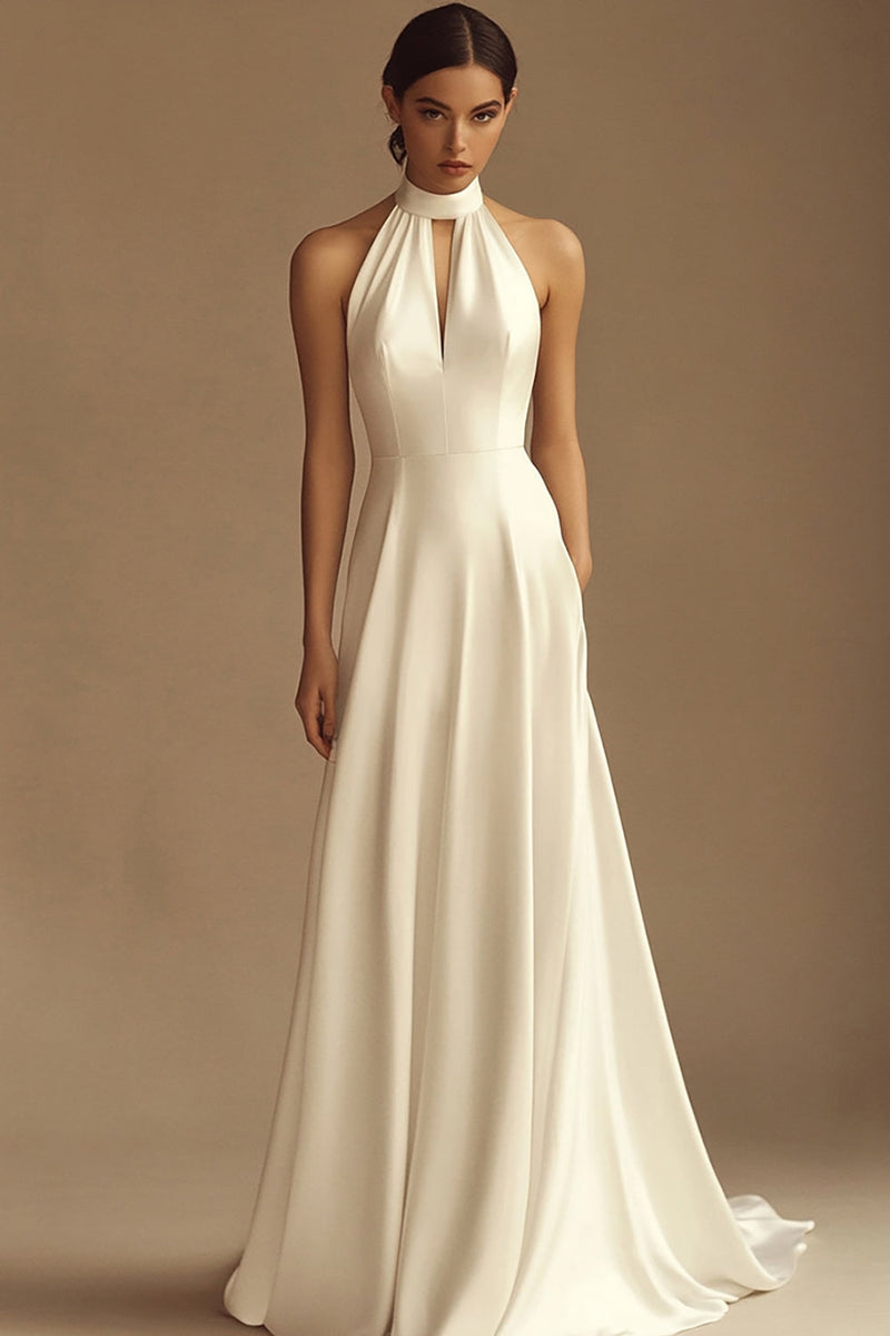 Load image into Gallery viewer, White Halter Satin Backless Wedding Dress