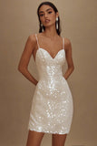 Sparkly White Spaghetti Straps Bodycon Short Graduation Dress