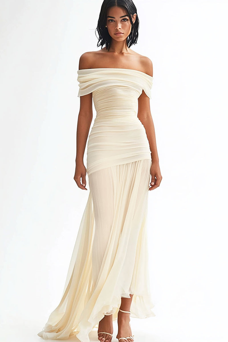 Load image into Gallery viewer, Flowy Ivory Off the Shoulder Ruched Chiffon Sheath Wedding Dress