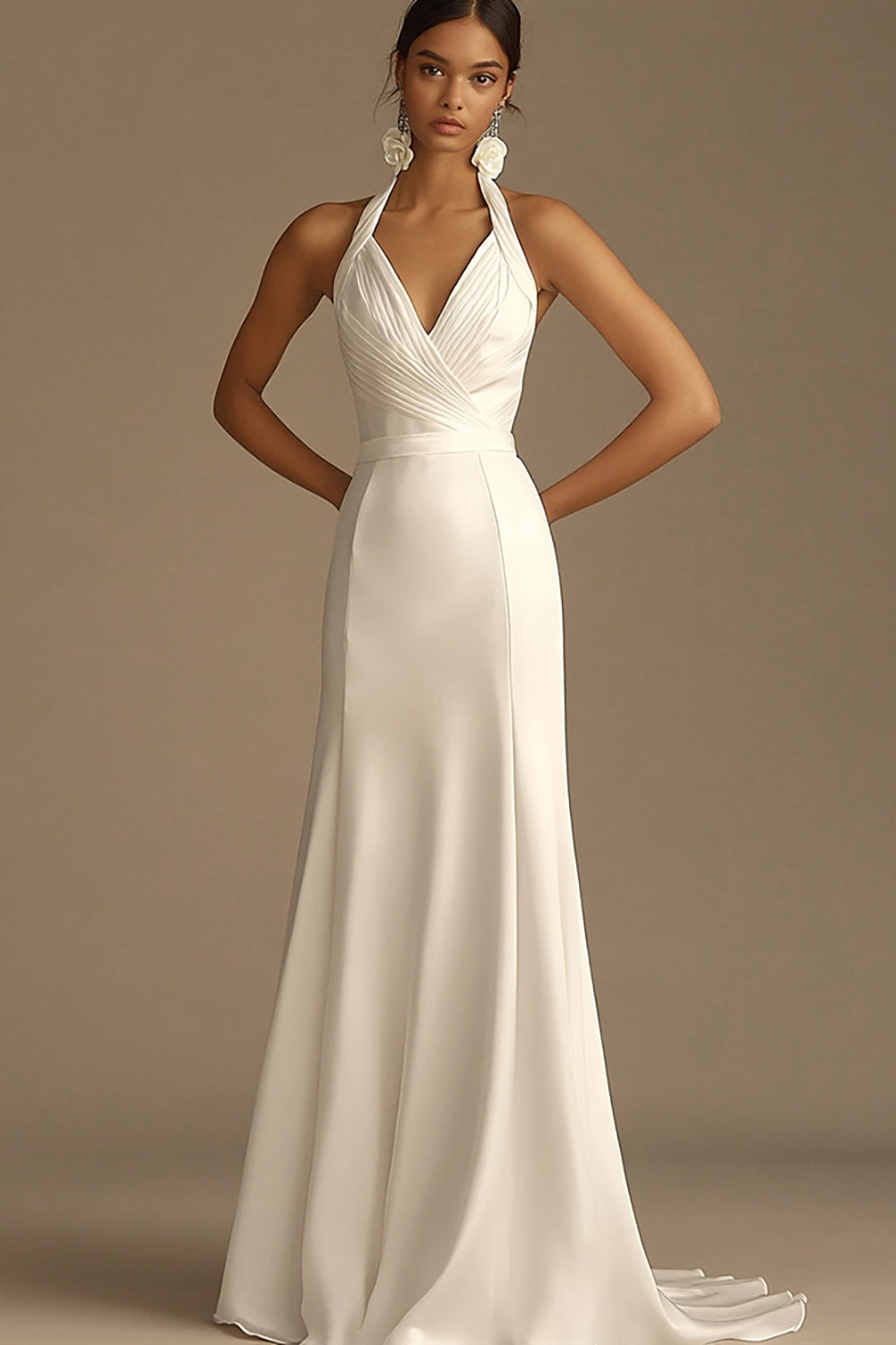 White Halter Ruched Satin Mermaid Wedding Dress