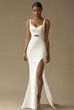 White Mermaid Cut Out Long Wedding Dress with Slit