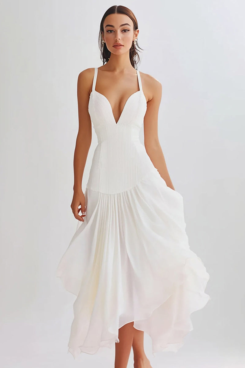 Load image into Gallery viewer, White A Line Ruffled Chiffon Tea Length Graduation Dress